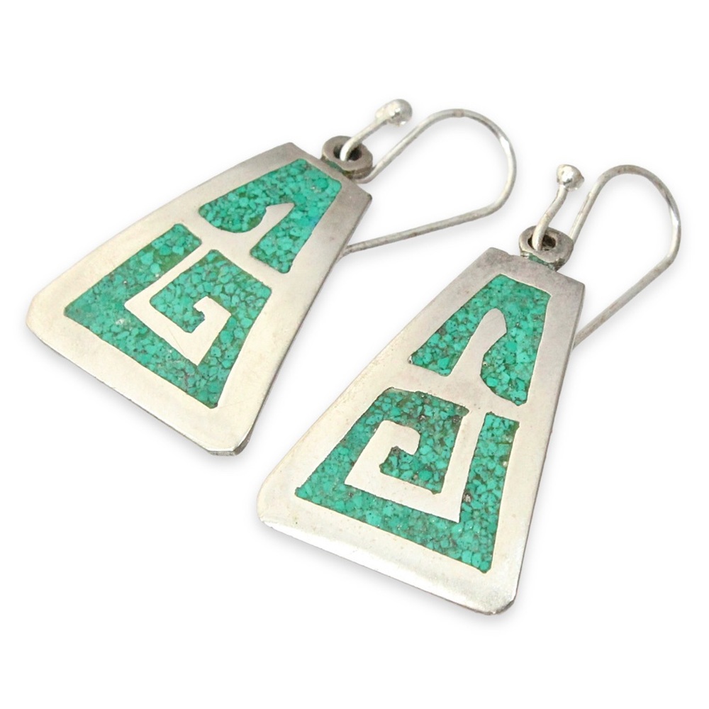 Vintage Mexican Crushed Turquoise Inlay Dangle Earrings Geometric Alpaca Silver